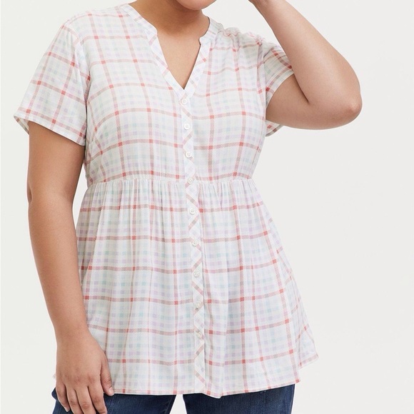 Torrid Women 2X White Multi Plaid Split Neck Babydoll Challis Button-Front Top - Picture 1 of 10